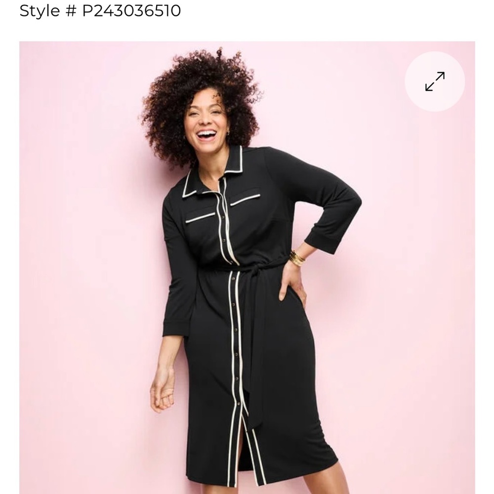 Talbots Tipped Jersey Midi Shirtdress Long Sleeve NWT Black With White Trim - Picture 2 of 6